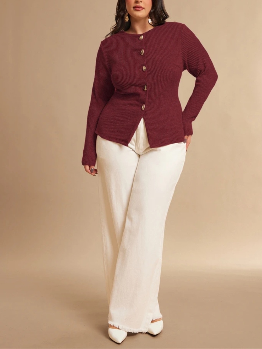 Burgundy Ribbed Button-Front Sweater - Picture 7 of 8